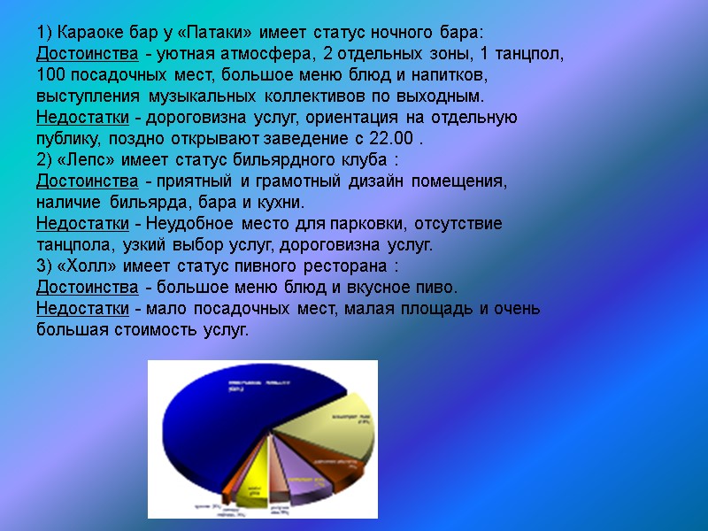 1) Караоке бар у «Патаки» имеет статус ночного бара: Достоинства - уютная атмосфера, 2